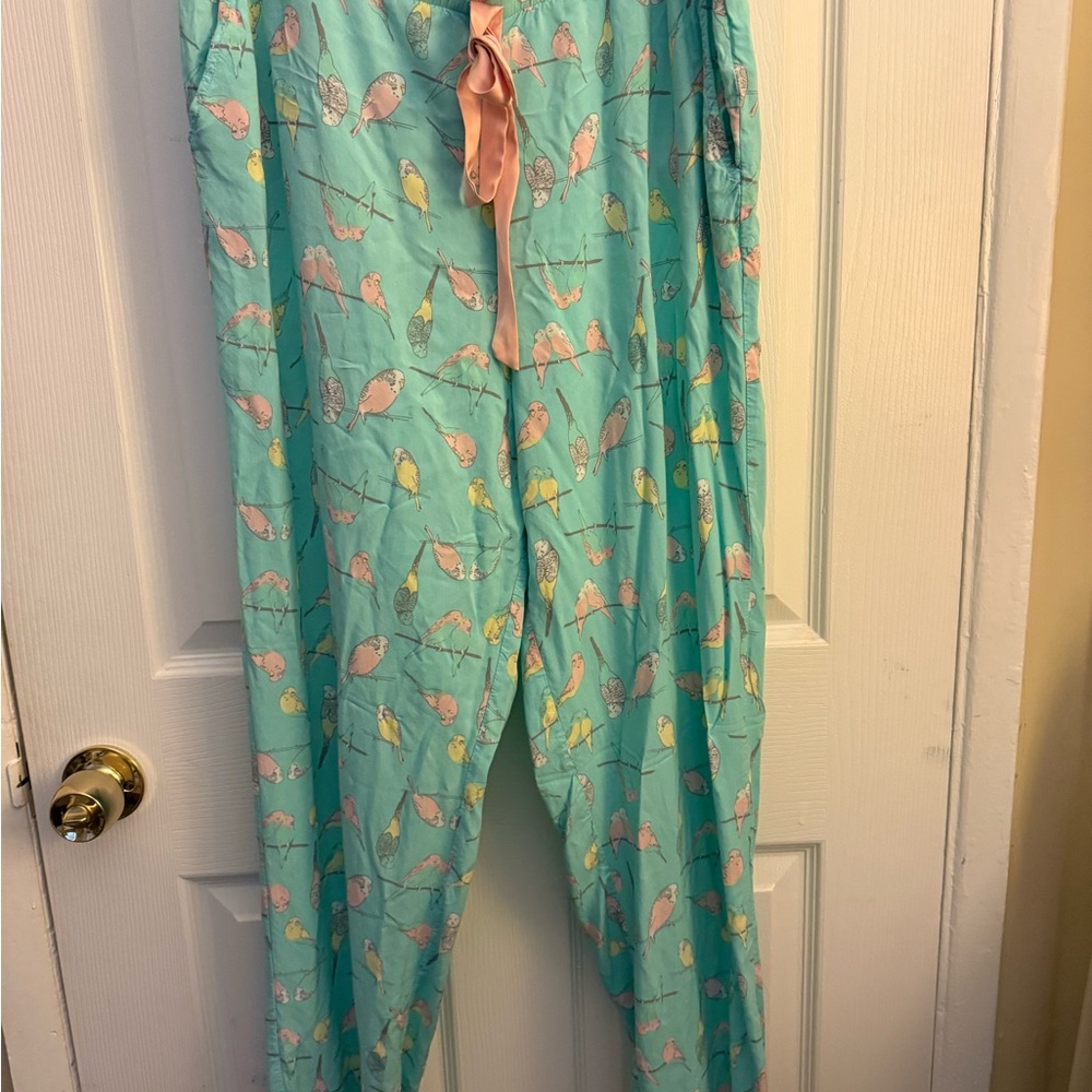 New Bravissimo Pajama Pants Turquoise With Bird Print, Size Large, comfortable! - Picture 2 of 3